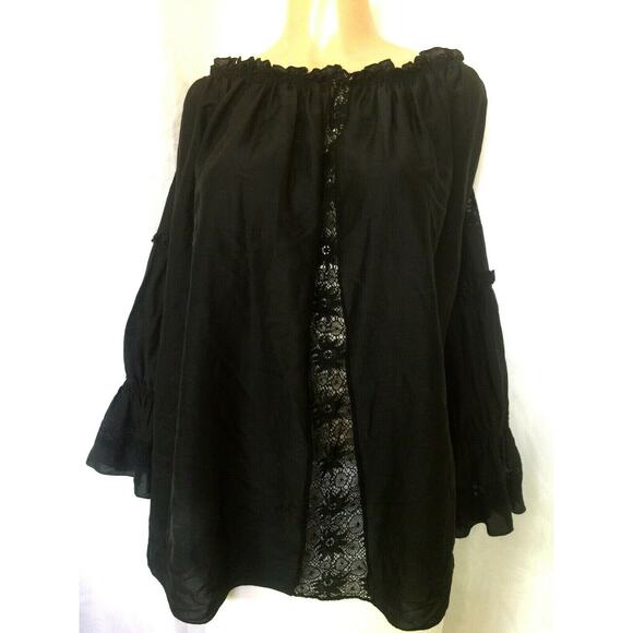 Barbara Bui Top Blouse Ruched Lace Long Sleeve Black Off Shoulder Oversized 40 - Picture 1 of 7